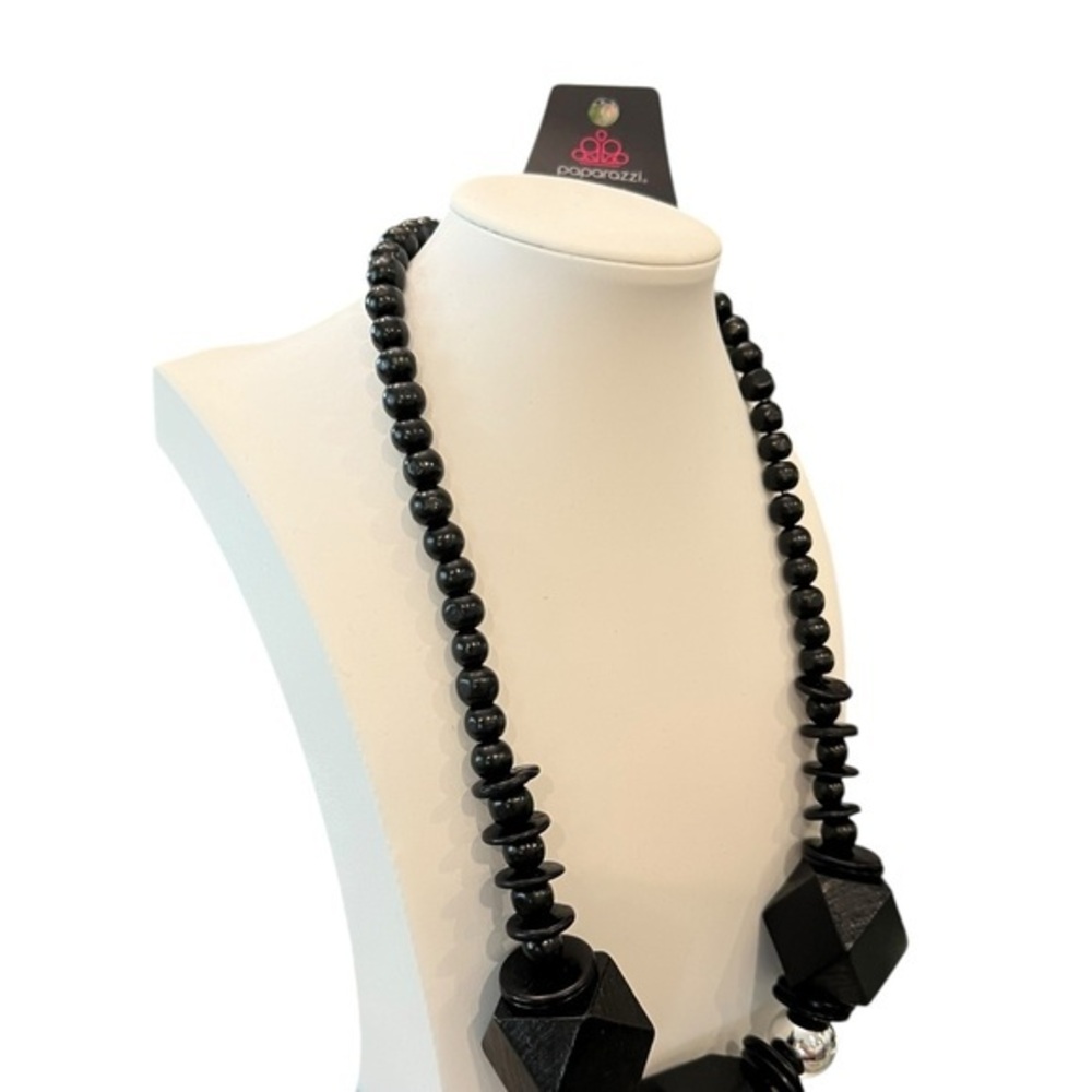 SALE!! 2 for $15 Paparazzi Wooden Bead Necklace Black Silver Earrings Discs Boho - Picture 4 of 11